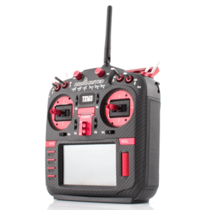 A radioMaster TX16S mark II with v4.0 hall gimbals in the color Carbon Fiber Red