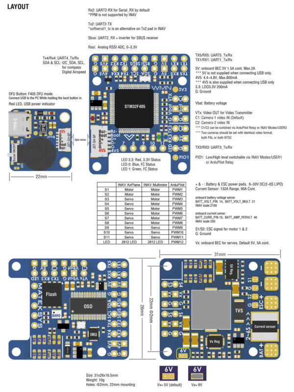 Layout of the F405 flight controller by Matek