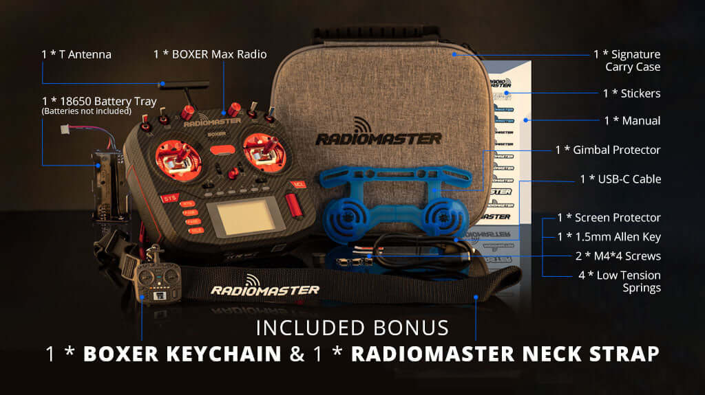 This image shows all box contents when you buy the RadioMaster Boxer Max