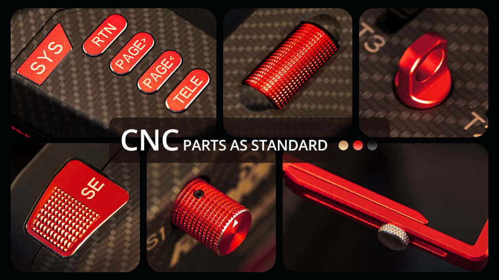All plastic parts are upgrade to CNC aluminum parts on the premium Boxer Max rc transmitter