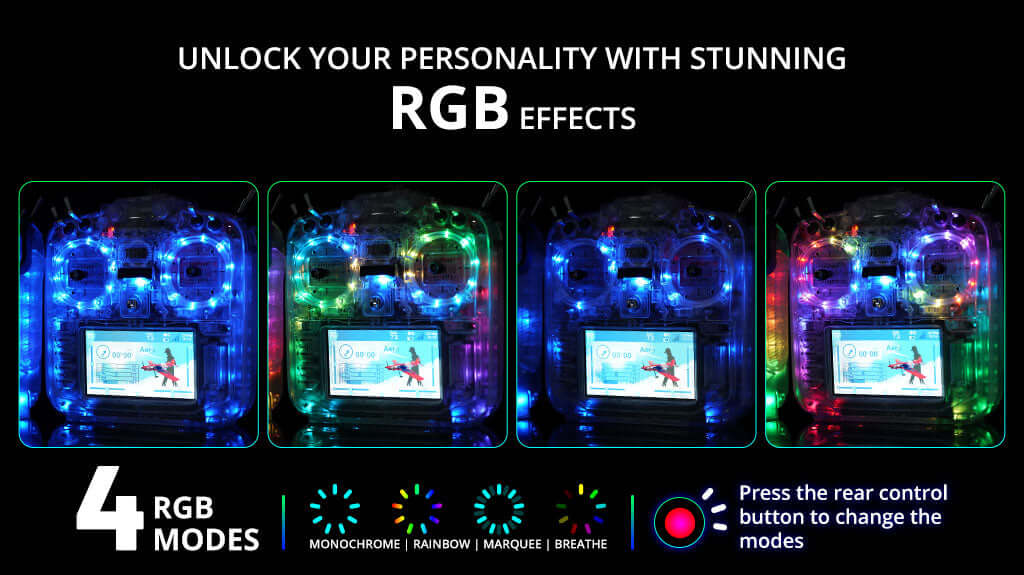 RadioMaster TX16S MKII transparent RGB Edition with 4 rgb modes, selectable with the rear button.
